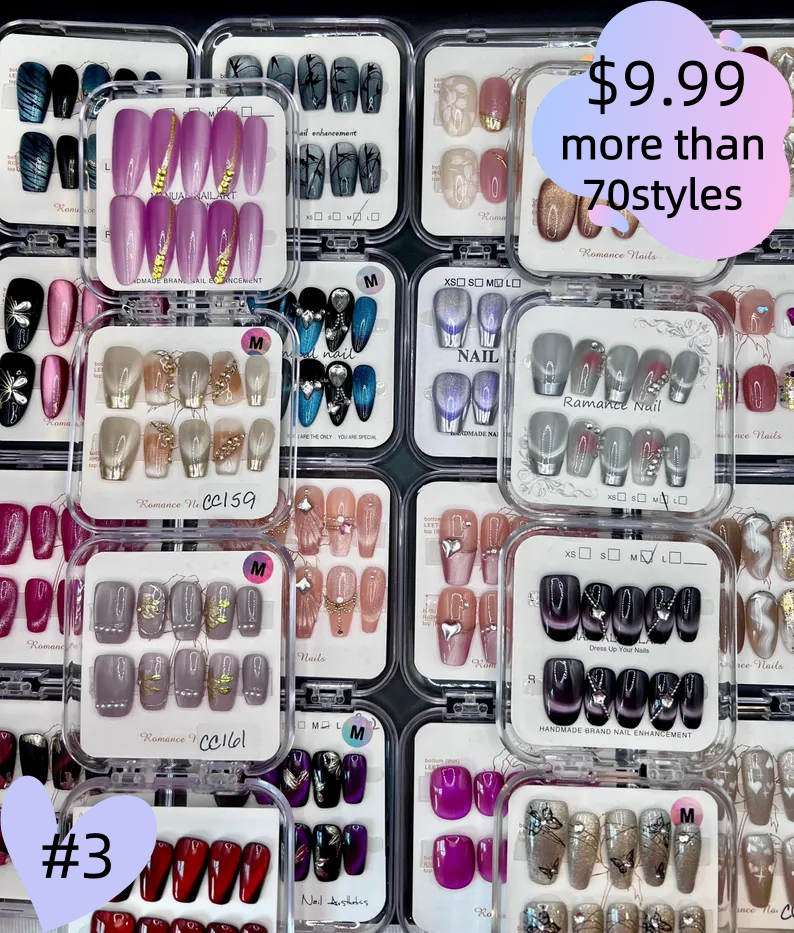#3-11 Press-On Nails Box | Handmade | Reusable | Glitter + Gems + Floral | French Tips