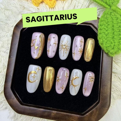 12 Zodiac Signs Handmade Press on Nails Collection