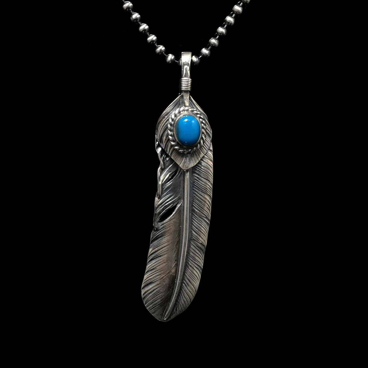 Right Feather Leaf Retro 925 Silver Goro Takahashi Pendant with Natural Turquoise
