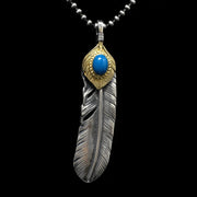 Right Feather Leaf Retro 925 Silver Goro Takahashi Pendant with Turquoise