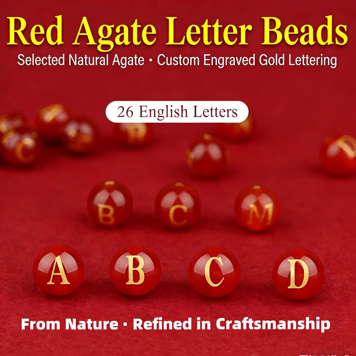 Natural Red Agate Beads - 26 Alphabet Loose Beads for Engraving Customization DIY