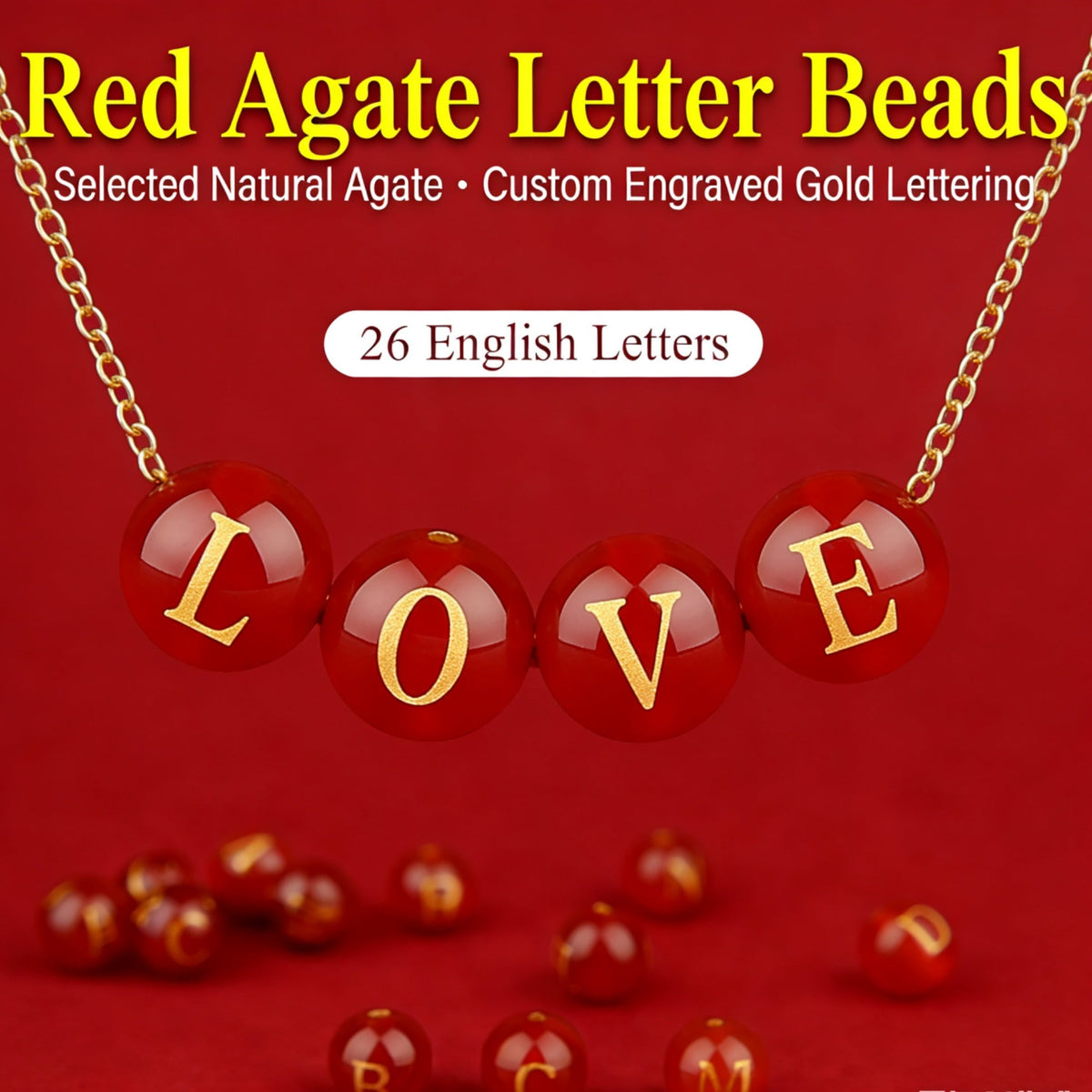 Natural Red Agate Beads - 26 Alphabet Loose Beads for Engraving Customization DIY