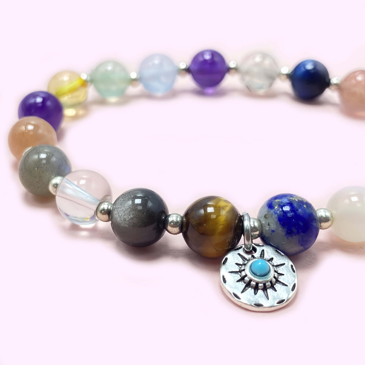 Colorful Seven Chakra Crystal Bracelet with Sun Charm