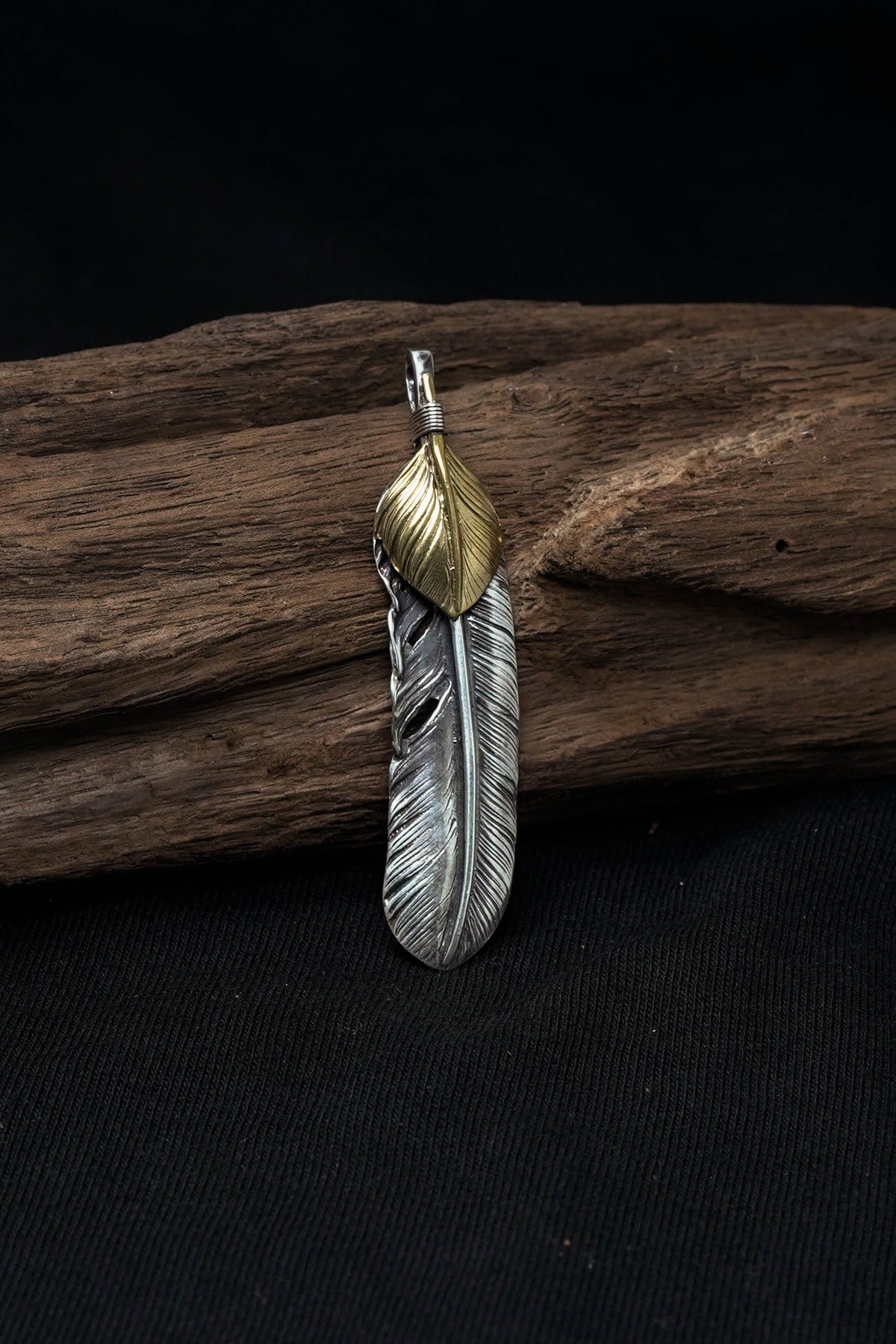 Right Feather Brass Leaf Retro 925 Silver Pendant Japan Takahashi Goro