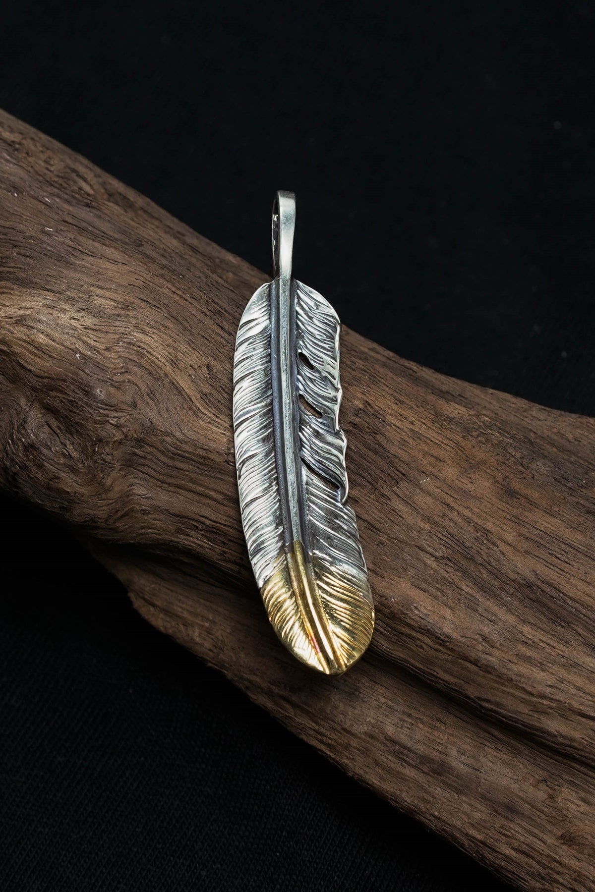 Left Feather Retro 925 Silver Goro Takahashi Pendant with Brass
