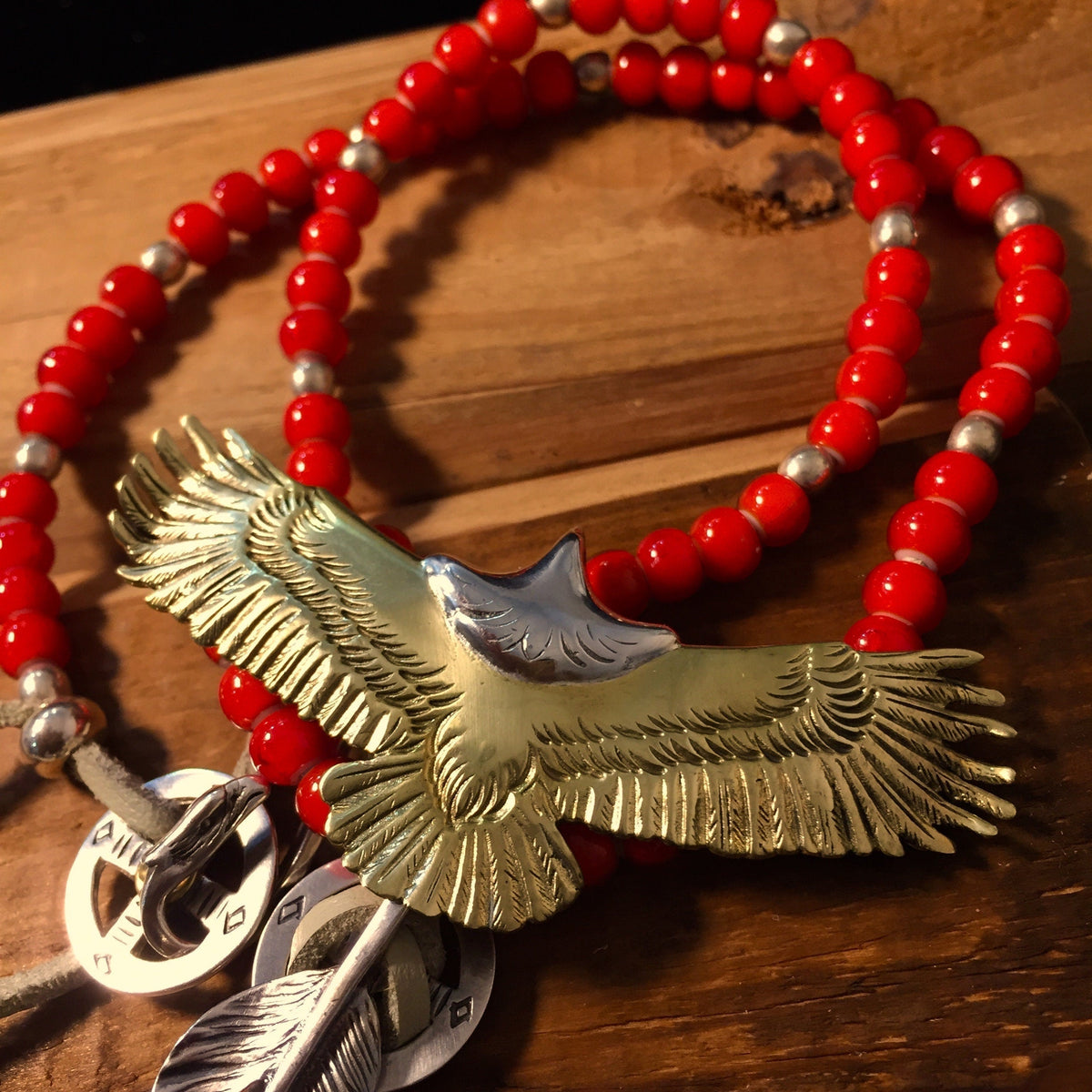 Japan Takahashi Goro Silver Feather Leather Necklace Right Feather 66x14mm Eagle 30x70mm Retro Sterling 925 Silver Hip Hop style Necklace